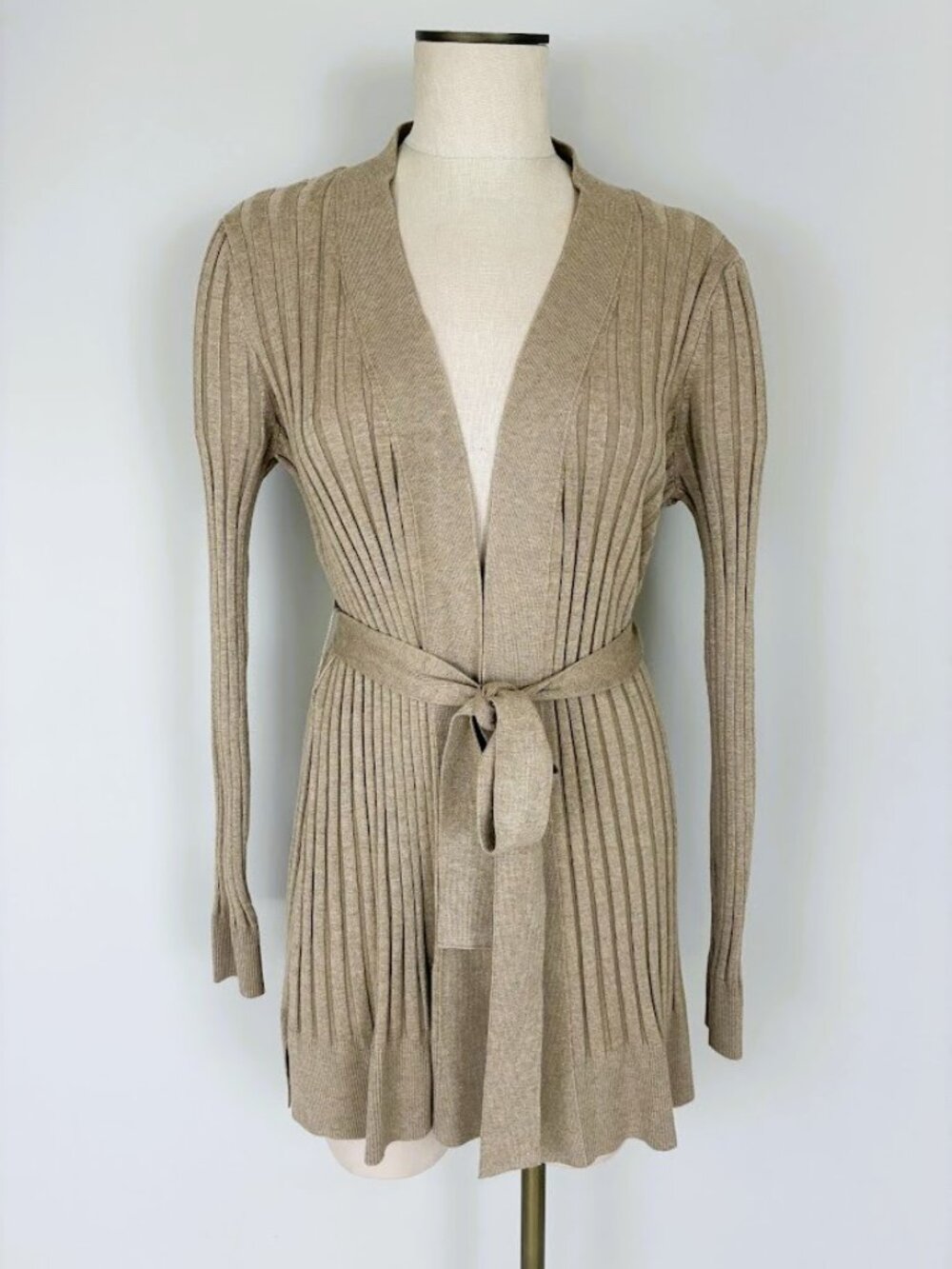 WHBM White House Black Market Ribbed Knit Tie-Waist Cardigan Tan Taupe XL NWOT